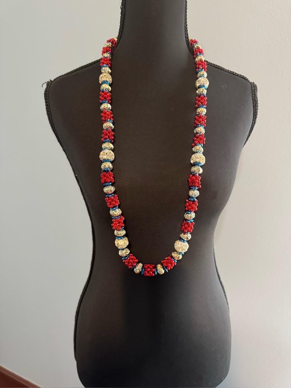 Red and Silver Beaded Statement Necklace by
